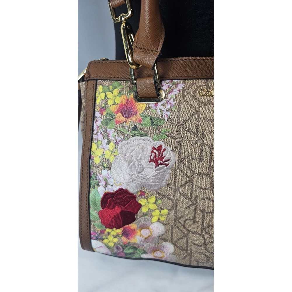 Calvin Klein Floral Embroidered Satchel Crossbody Logo Bag Brown Beige - Picture 4 of 9